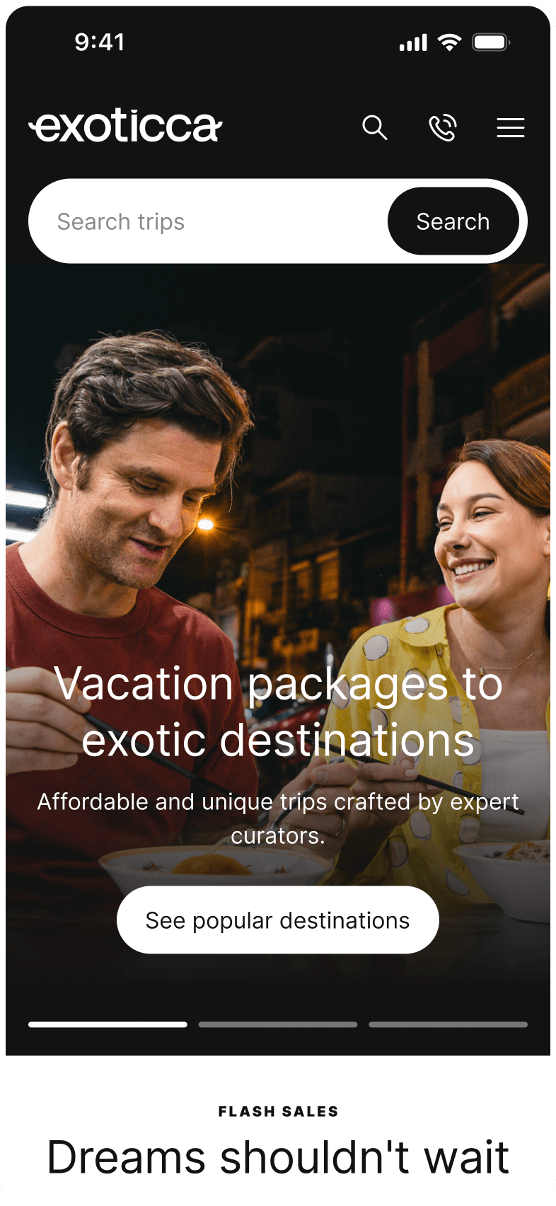 iPhone displaying Exoticca's homepage, featuring the logo, navigation menu, search bar, and a hero image of a couple dining in a Vietnam street.