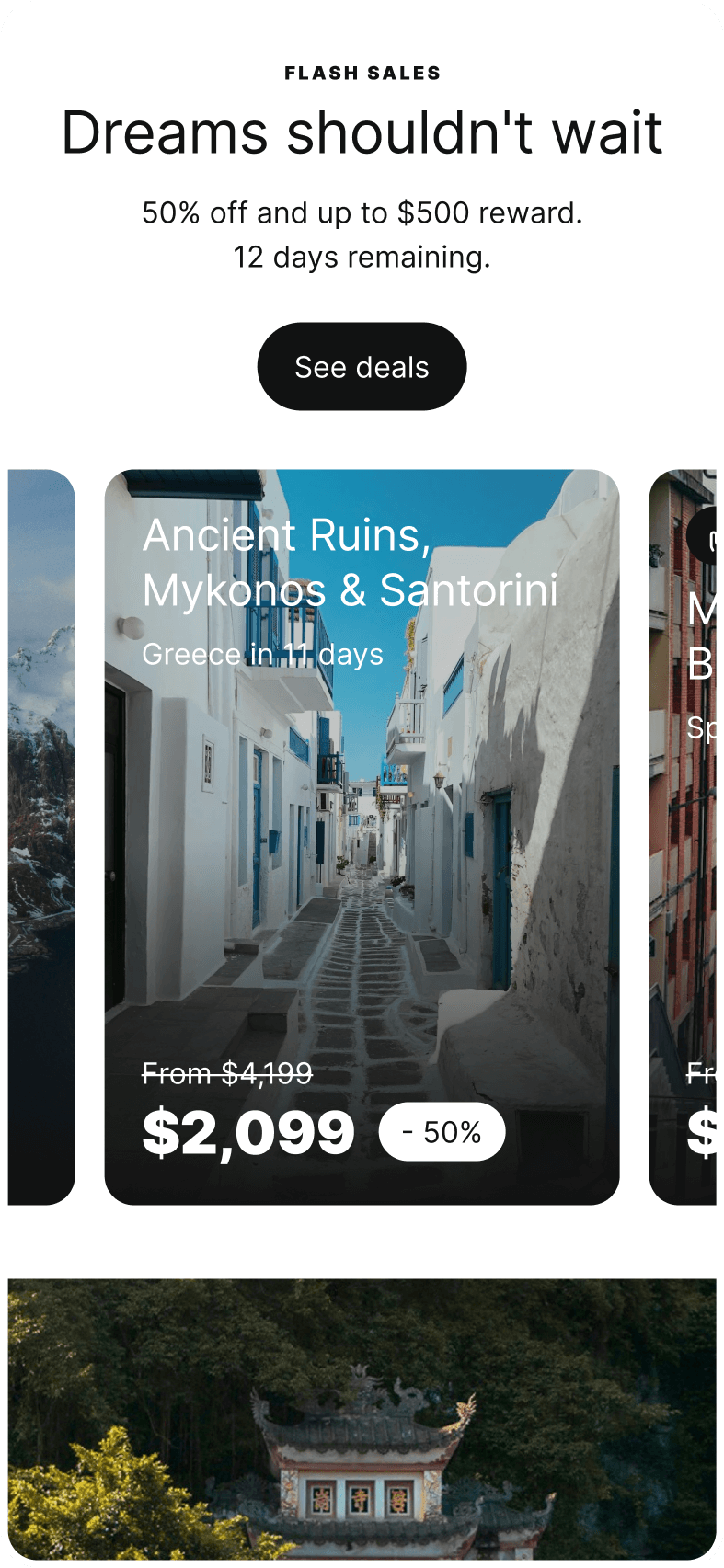 iPhone displaying the second section of Exoticca's homepage, featuring a carousel of images showcasing different travel destinations.