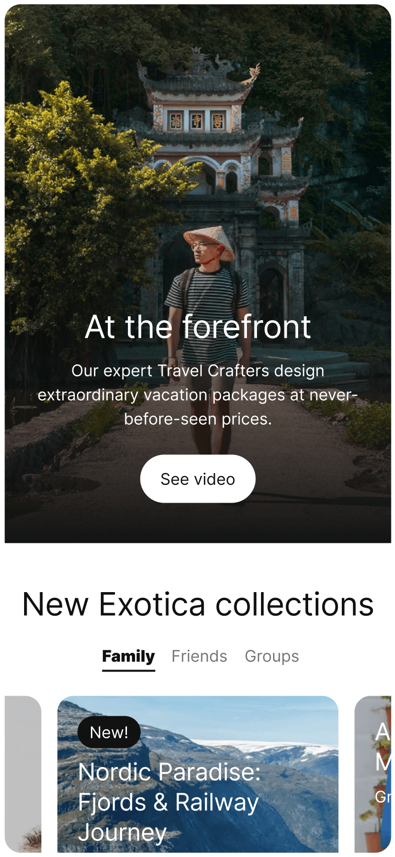 iPhone displaying the third section of Exoticca's homepage, featuring a hero image of a man in a Vietnamese temple, with text that reads: 'At the forefront: Our expert Travel Crafters design extraordinary vacation packages at never-before-seen prices.'