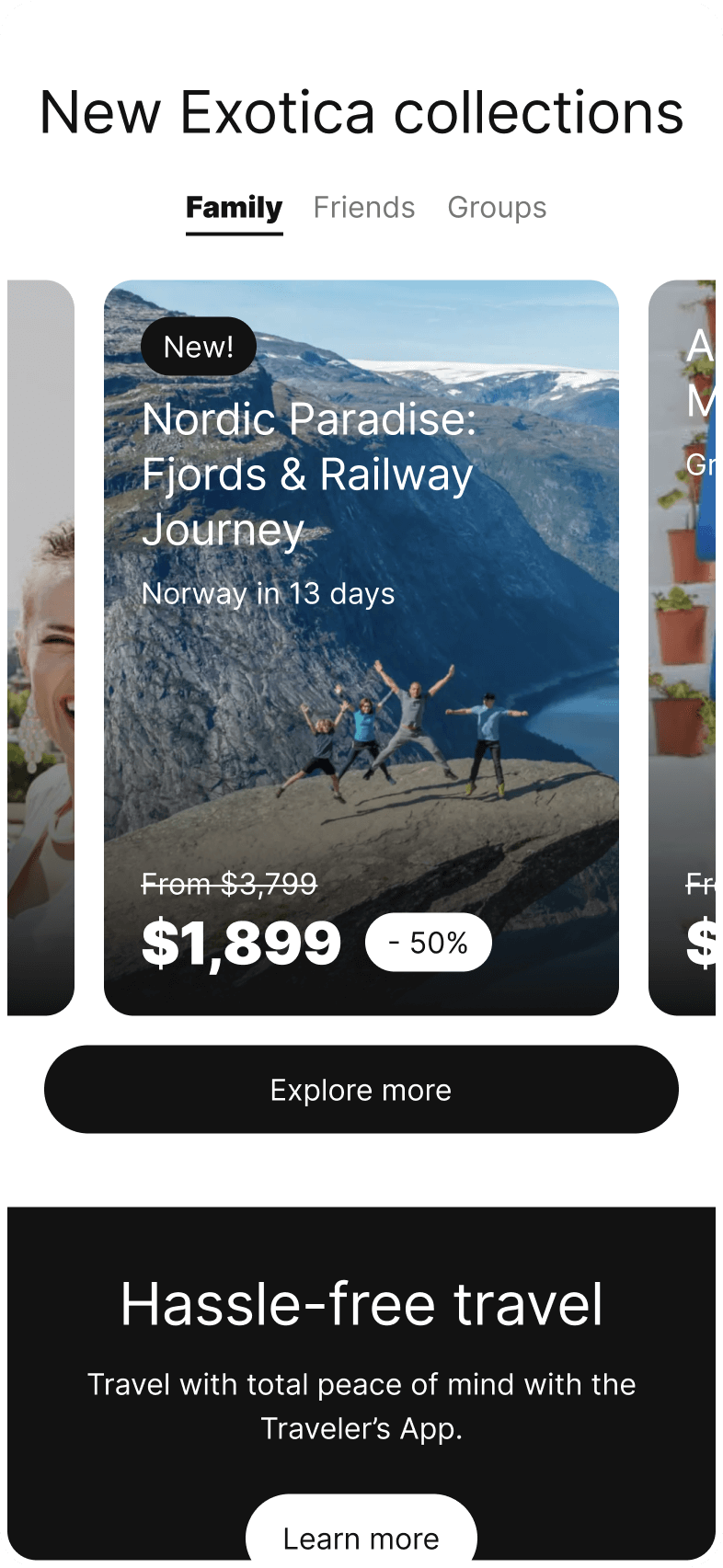 iPhone displaying the fourth section of Exoticca's homepage, featuring a carousel of images showcasing different travel destinations, grouped into categories: 'Family,' 'Friends,' and 'Groups.'