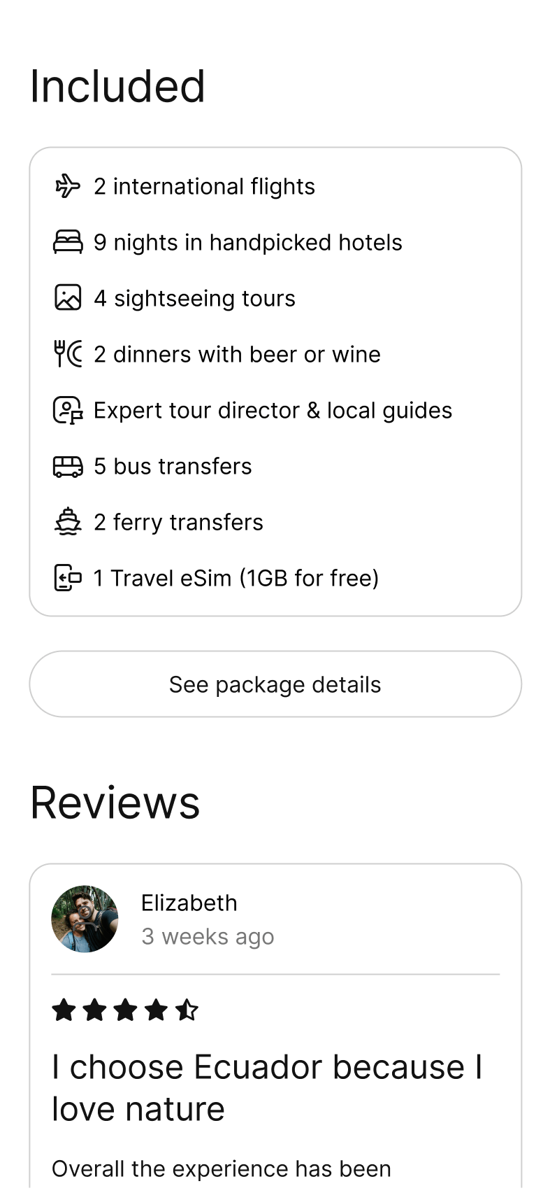 iPhone displaying the third section of the product listing page for a trip to Ecuador, featuring a 'What's Included' list, a 'See Package Details' button, and the first review.