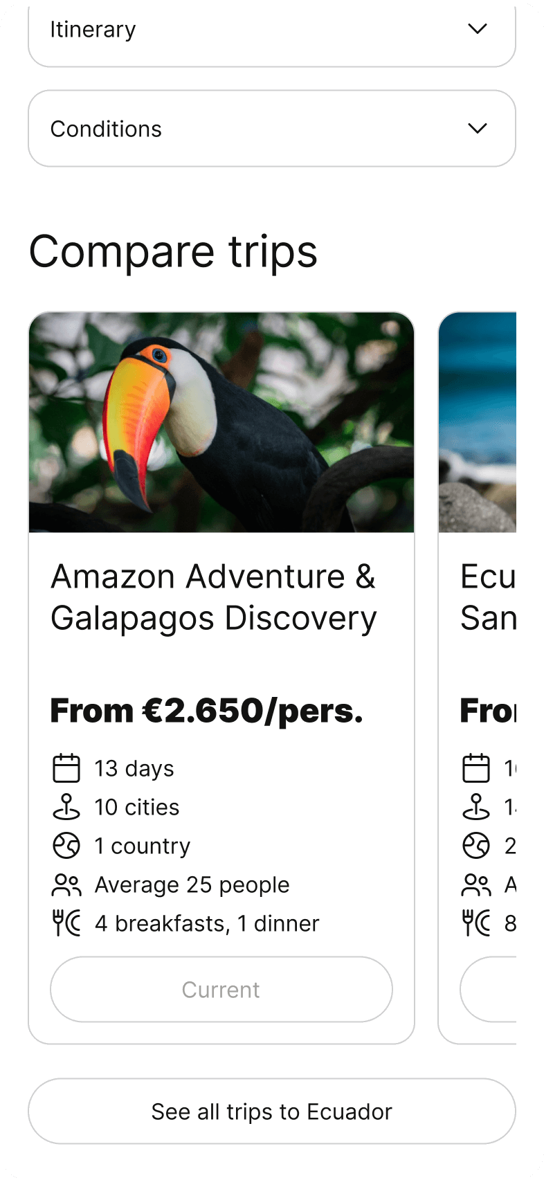 iPhone displaying the fourth section of the product listing page for a trip to Ecuador, featuring the 'Compare Different Trips' section.