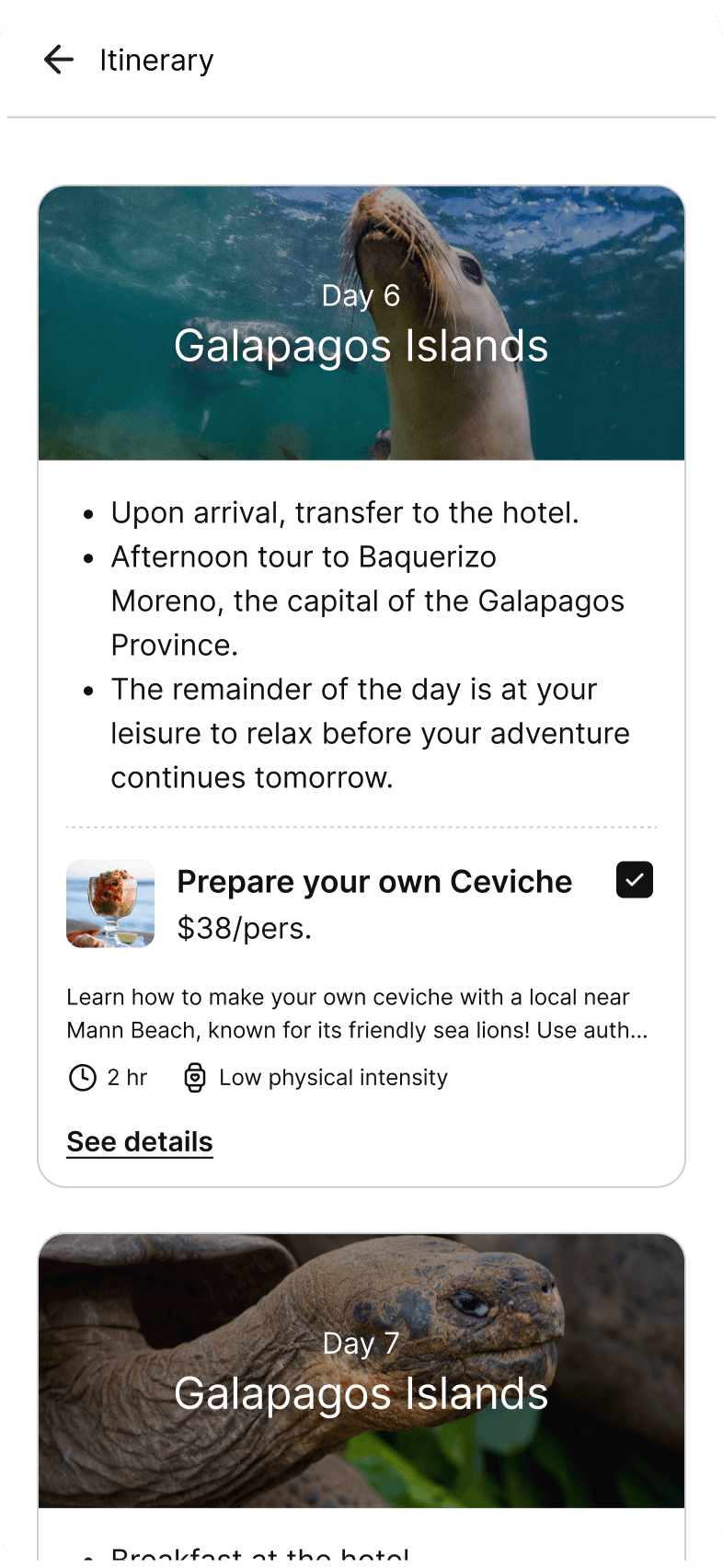 iPhone displaying the itinerary details for the Ecuador trip, including a breakdown of activities and destinations.