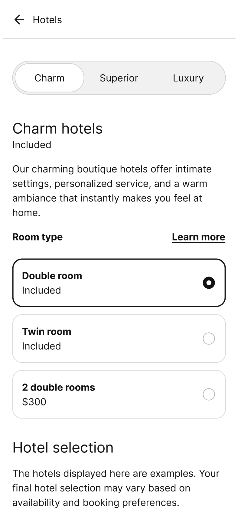 iPhone displaying accommodation details for the Ecuador trip, including hotel categories and room types.