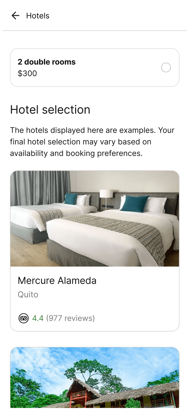 iPhone displaying additional accommodation details for the Ecuador trip, including a list of hotels and images of the hotels.