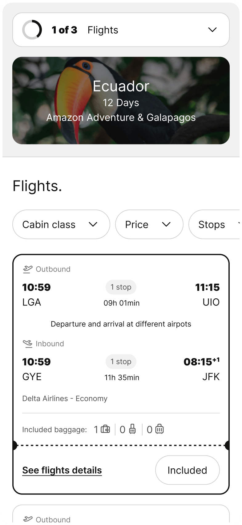 iPhone displaying the first step of the Ecuador trip checkout, including the flight selection section.