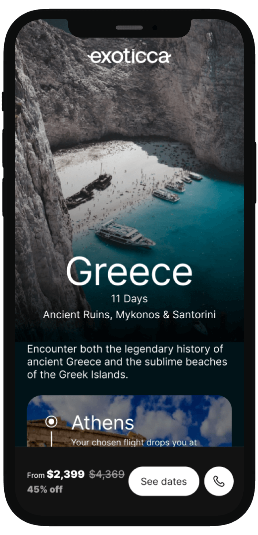 iPhone showing the product listing page for a trip to Greece on Exoticca's website, featuring details like destinations, pricing, and itinerary.