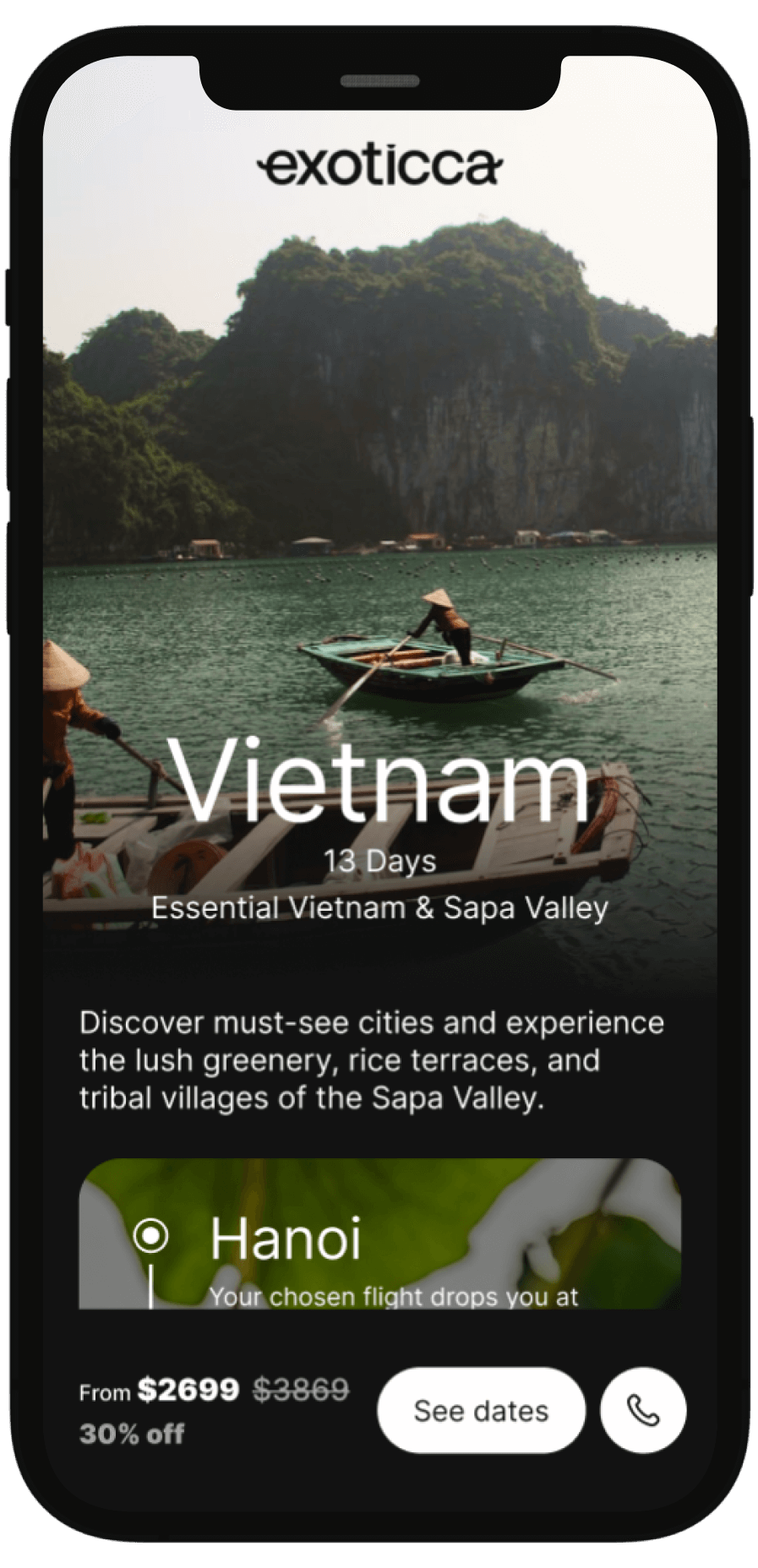 iPhone showing the product listing page for a trip to Vietnam on Exoticca's website, featuring details like destinations, pricing, and itinerary.