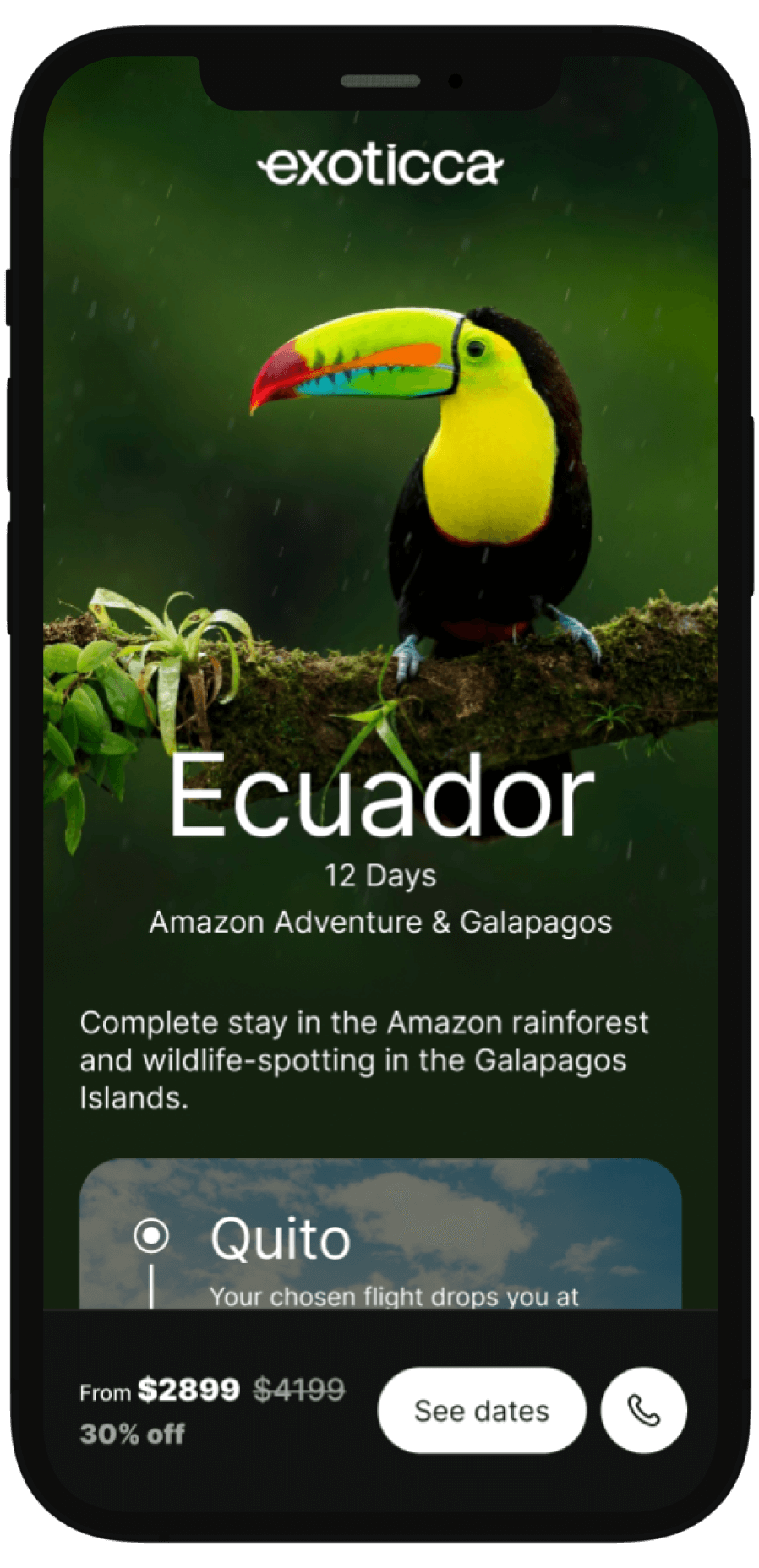 iPhone showing the product listing page for a trip to Ecuador on Exoticca's website, featuring details like destinations, pricing, and itinerary.