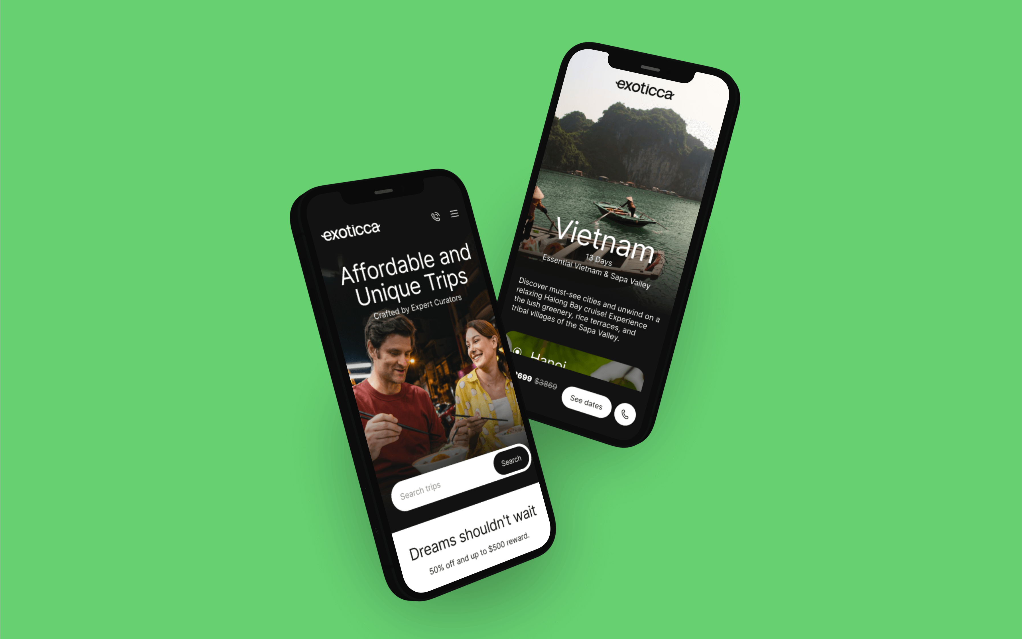 Two iPhones displaying the Exoticca travel interface, showing different screens of the web.