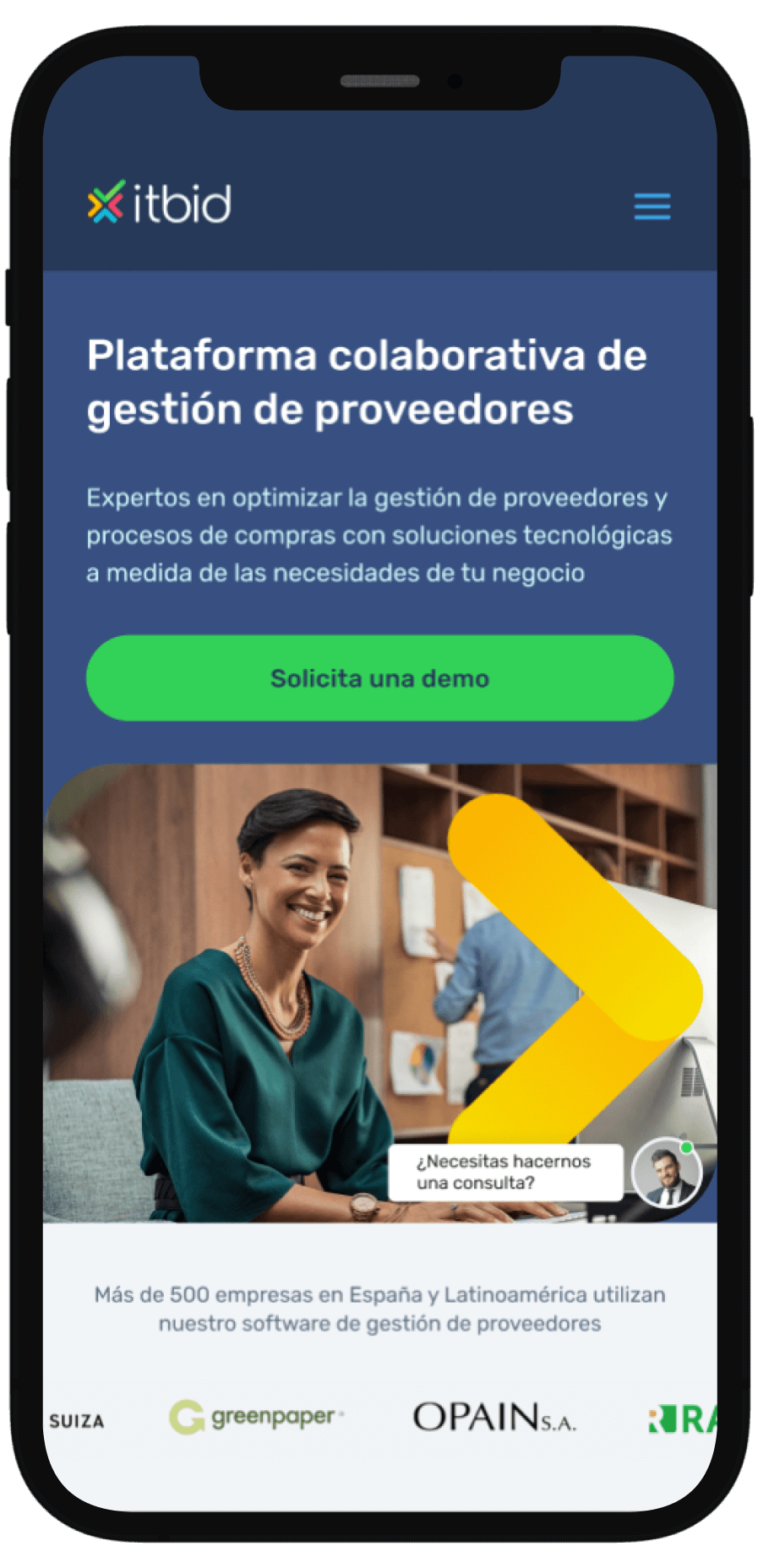 iPhone screen displaying the homepage of itbid, featuring the company logo, navigation menu, and a prominent heading summarizing its main purpose. Below the heading, a 'Request Demo' button is visible, along with a list of businesses that have purchased itbid's products.