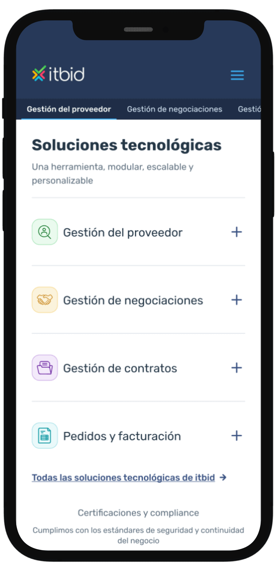 iPhone screen displaying the homepage of itbid, featuring the company logo, navigation menu, and the main services listing page showcasing the available offerings.