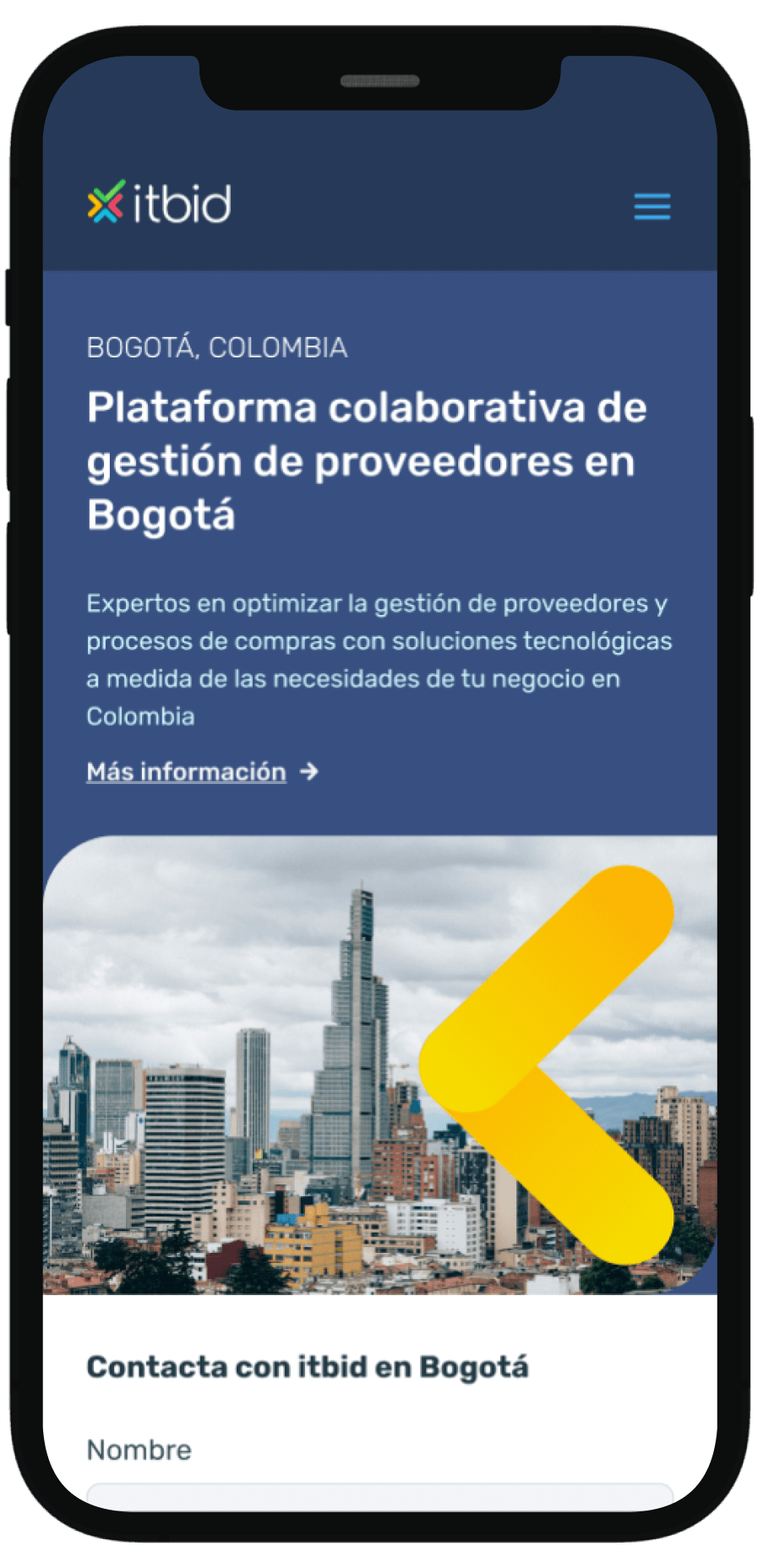 iPhone screen displaying the homepage of itbid, featuring the company logo, navigation menu, and the contact page for the office in Bogotá, Colombia.
