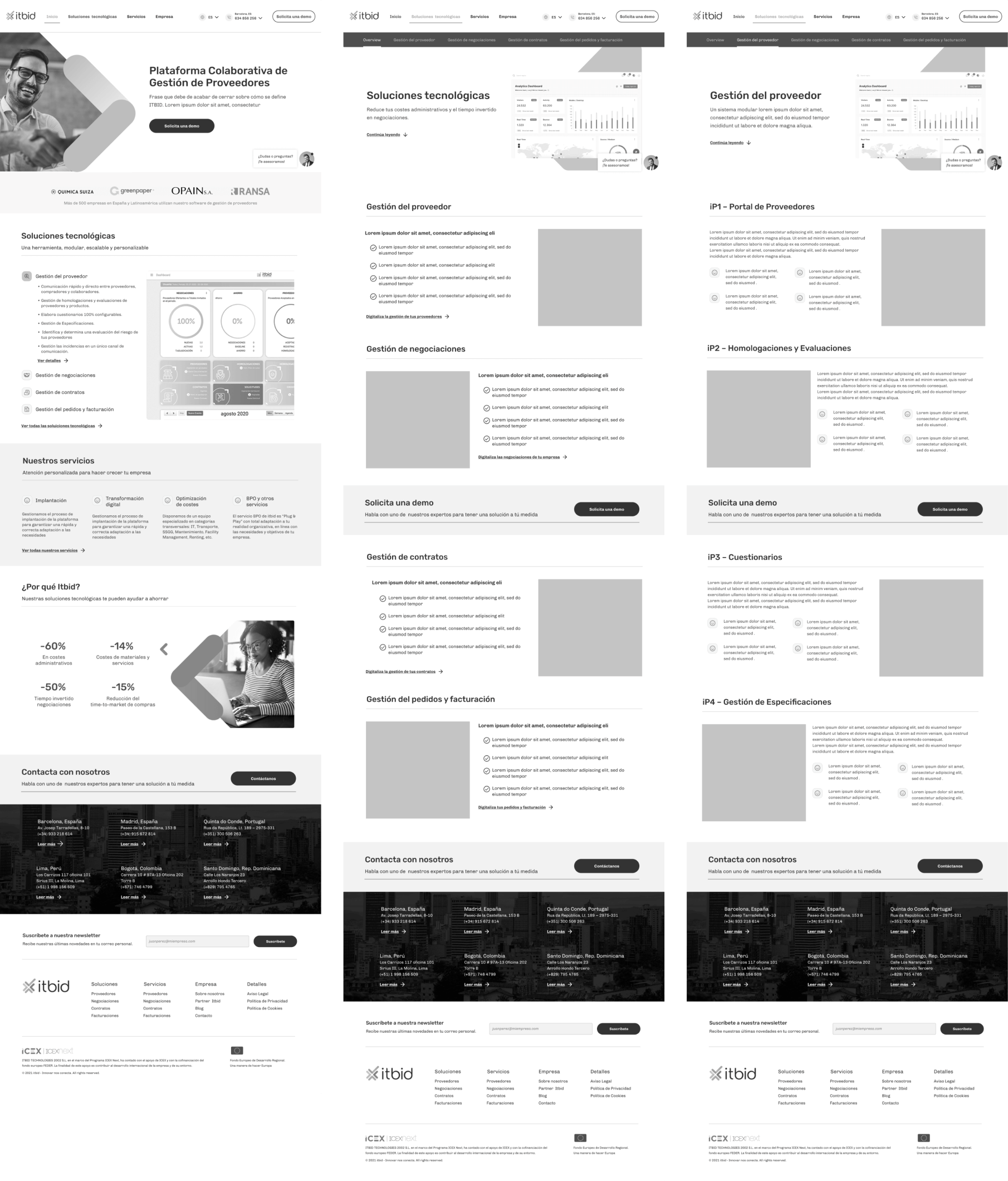 Wireframes for itbid's website, desktop version, displaying the basic layout. Key elements are outlined with simple shapes and labels to illustrate the website's structure and design flow. Image one out of two.