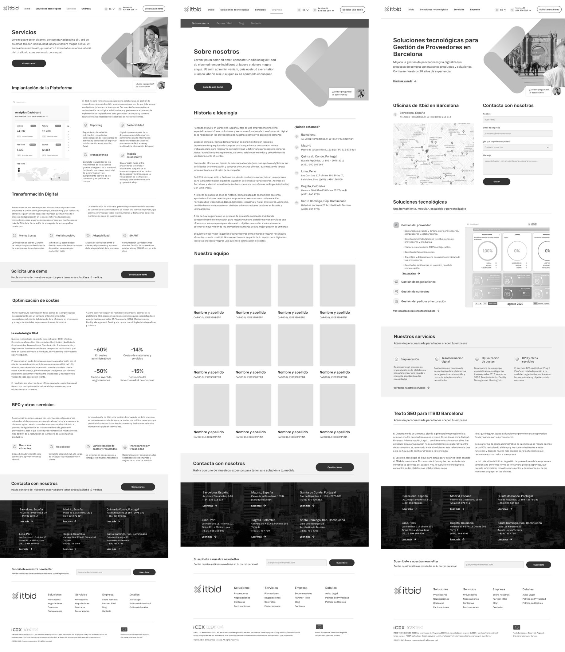 Wireframes for itbid's website, desktop version, displaying the basic layout. Key elements are outlined with simple shapes and labels to illustrate the website's structure and design flow. Image two out of two.