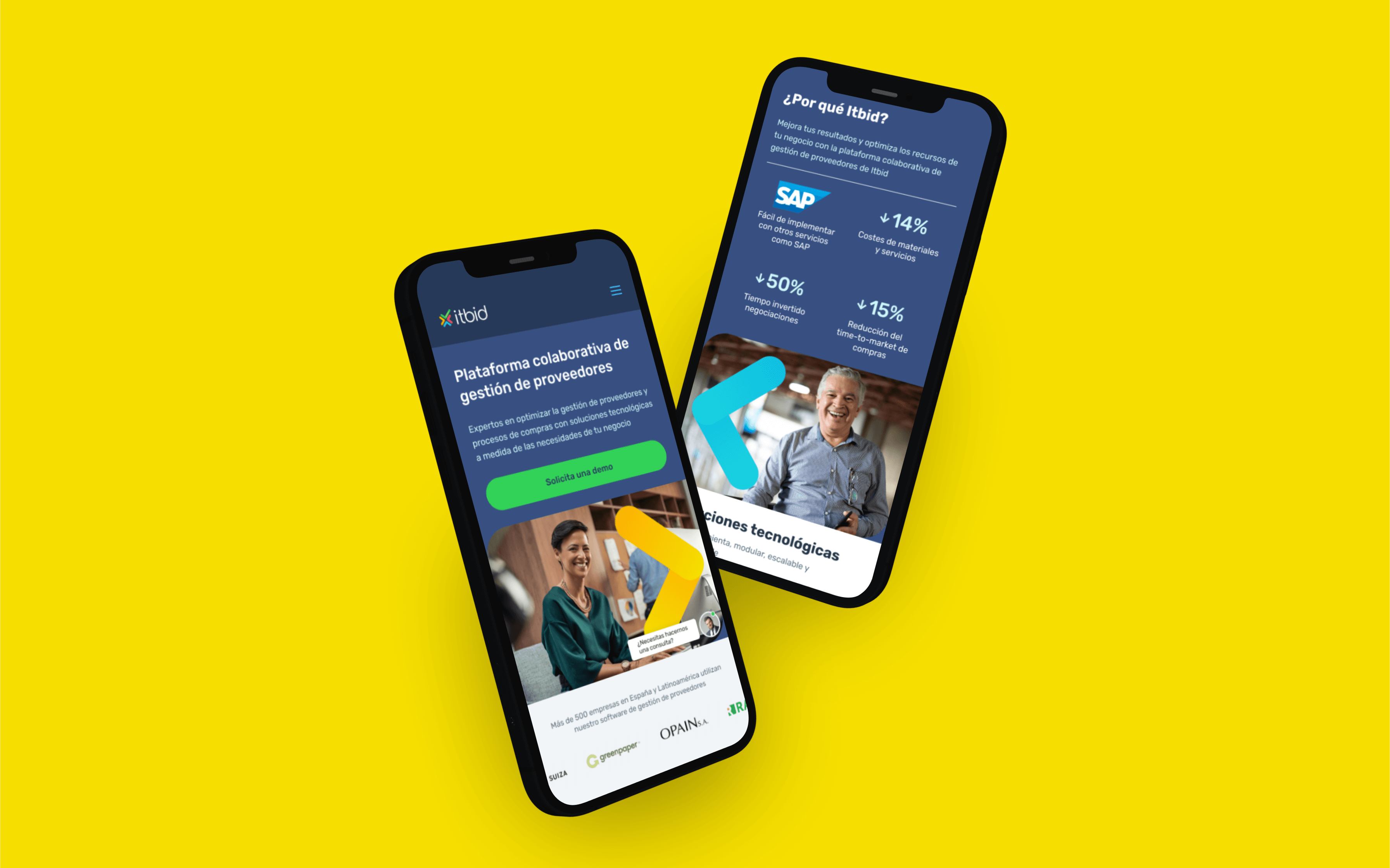 Two iPhones displaying the Itbid's webiste interface, showing different screens of the web.