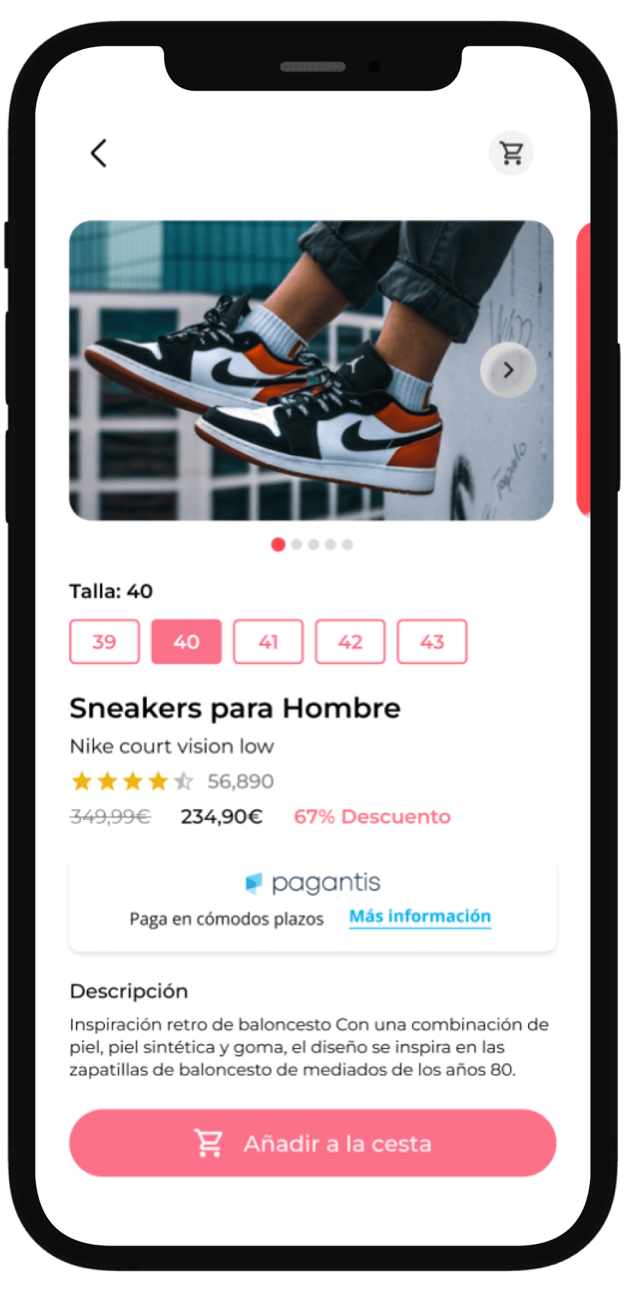 iPhone displaying a shoe company listing page, featuring product details and a prominent 'Pay in instalments with Pagantis' option for financing.