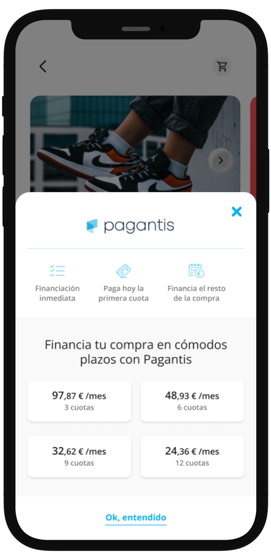 iPhone displaying a modal with various payment options for paying in instalments through Pagantis, allowing users to choose their preferred plan.