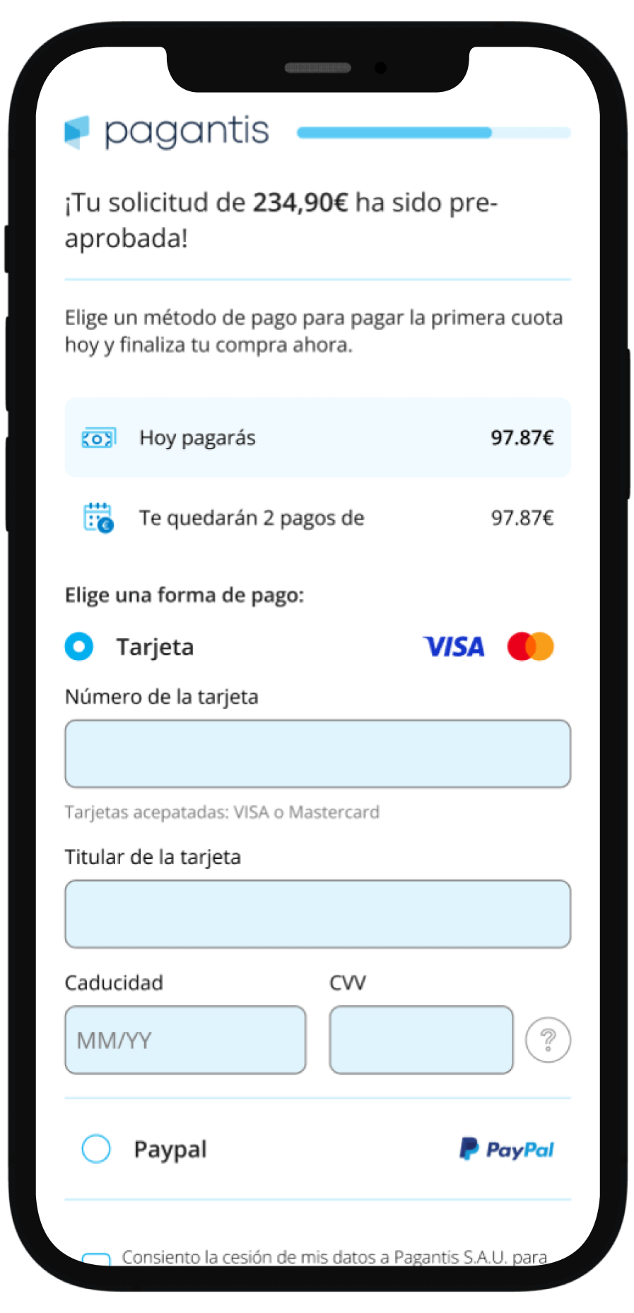 iPhone displaying a Pagantis payment page, showing the available payment plan options along with the choice to pay by card or via PayPal.