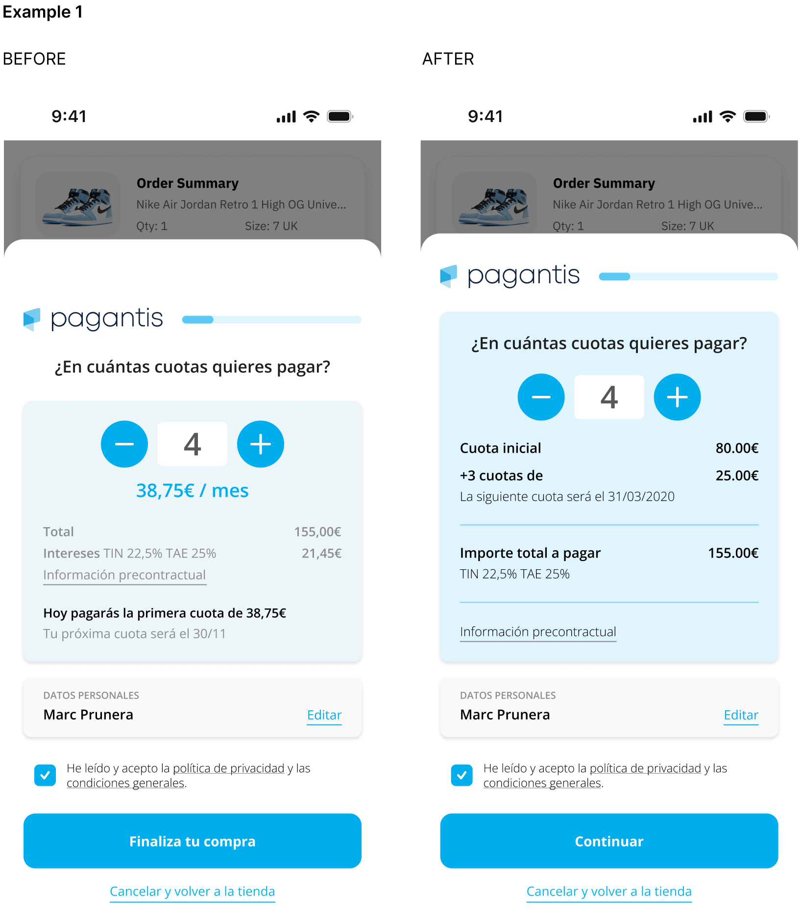 Before and after image showing the Pagantis instalments selector. Including the payment plan options and a 'Complete your purchase now' button.