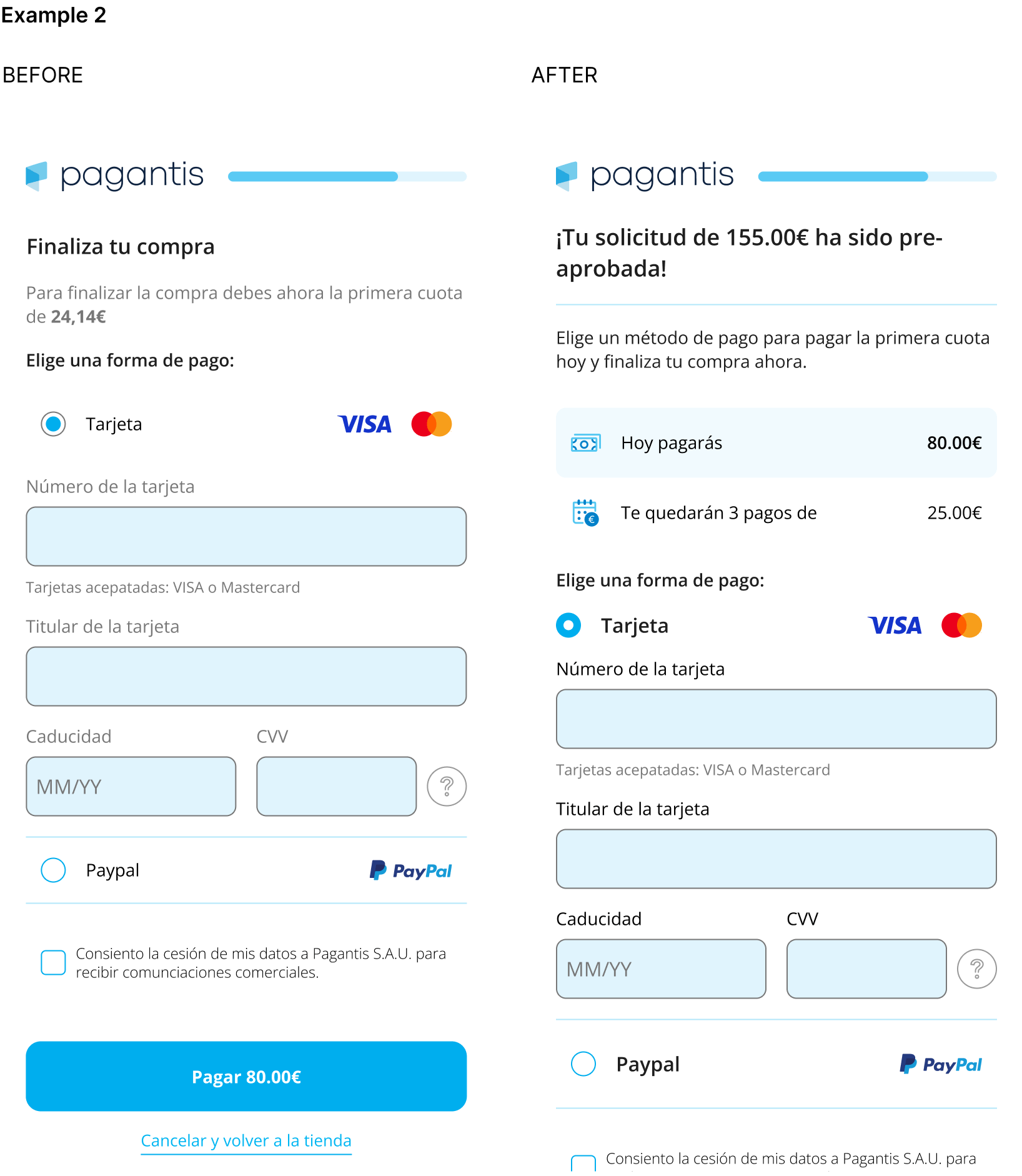 Before and after image showing the Pagantis payment page.