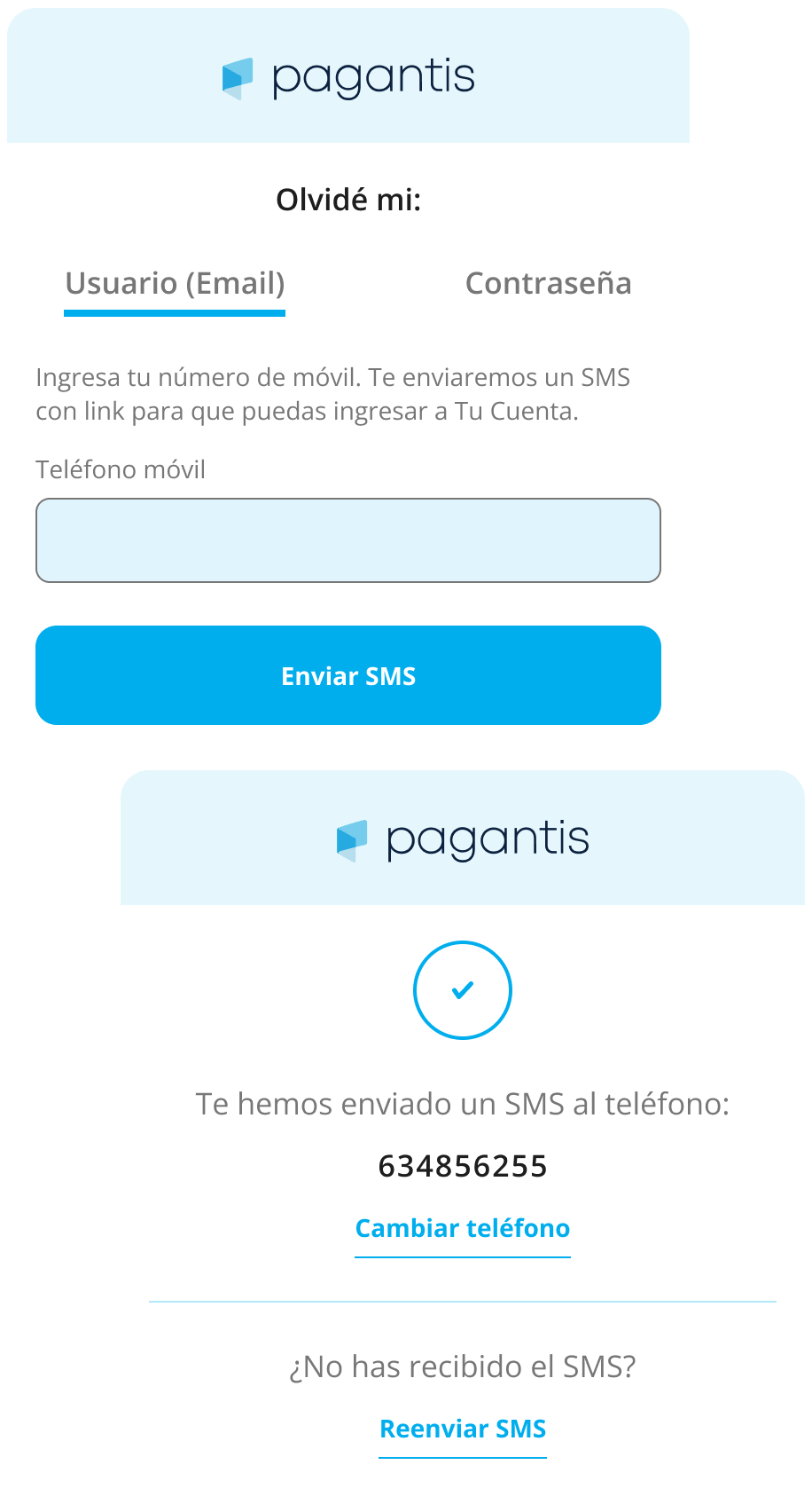 Forgot password screen showing instructions to recover the password via SMS, with a field to enter the mobile phone number for receiving the recovery link.