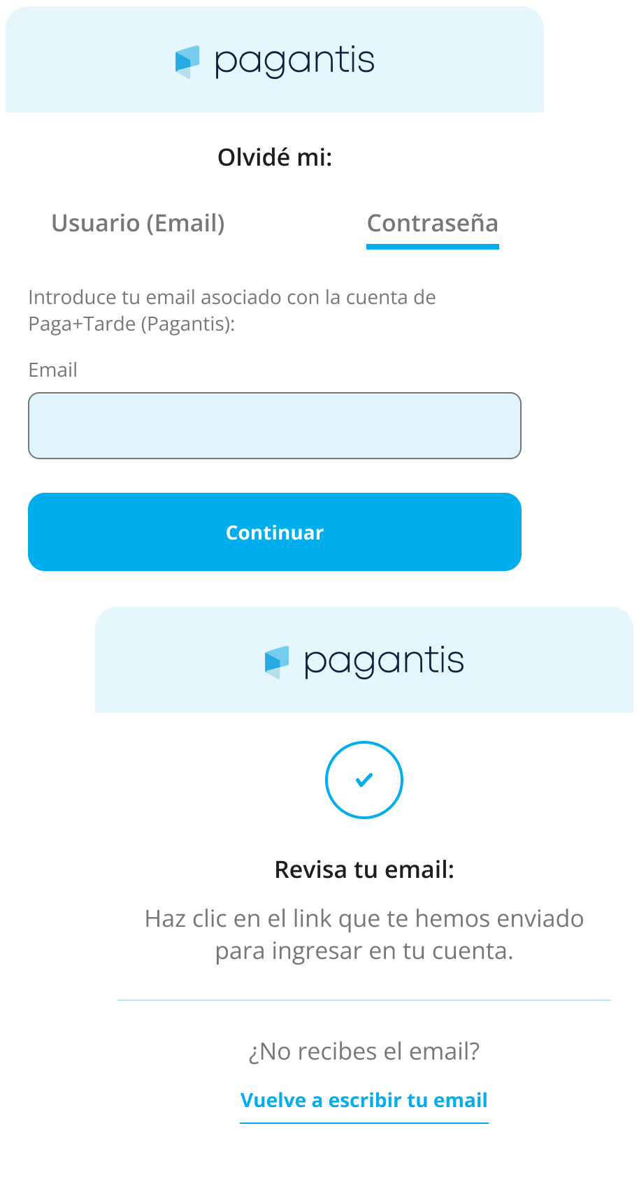 Forgot password screen displaying instructions to recover the password via email, with a field to enter the email address where the recovery link will be sent.