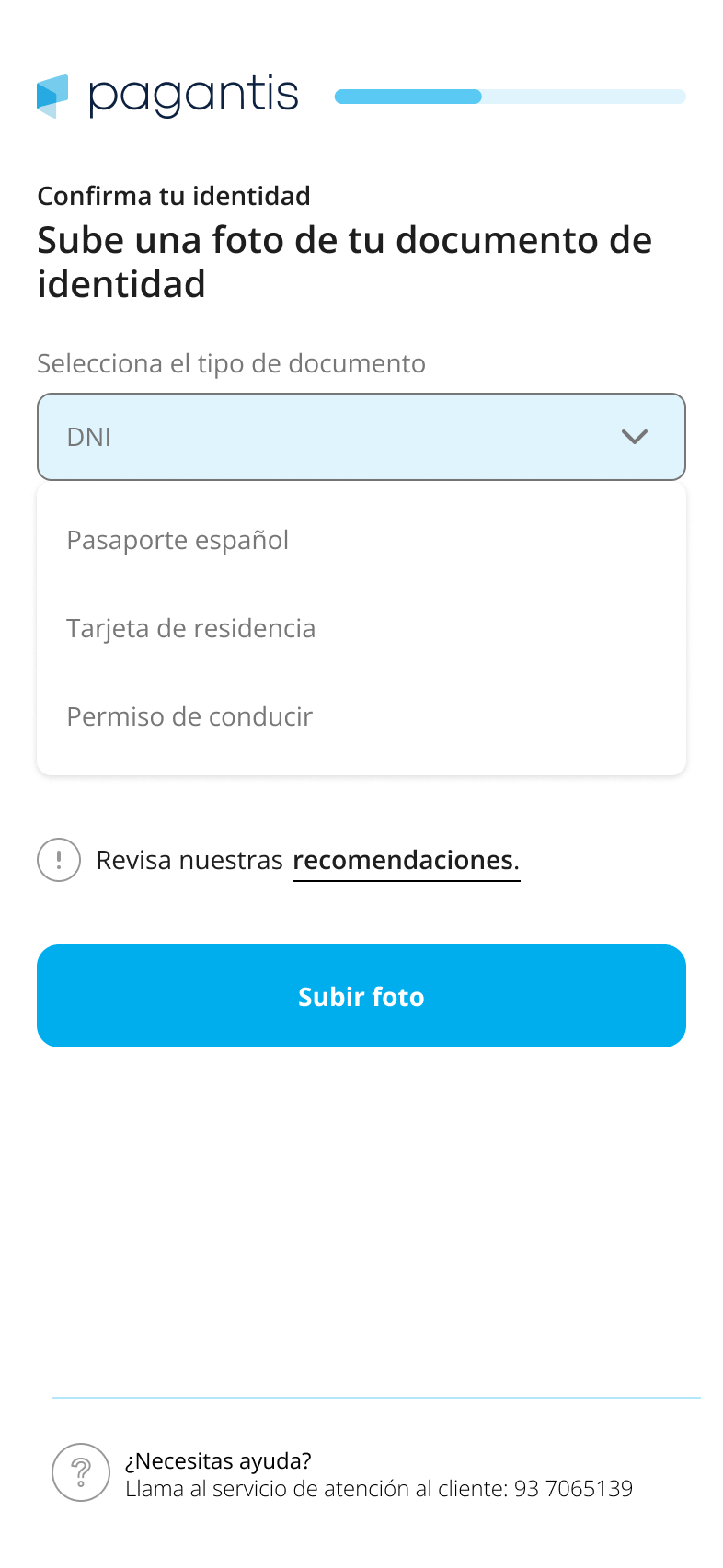 UI for selecting an identity document, featuring a dropdown options to choose from different document types (e.g., passport, driver's license, ID card) for upload.