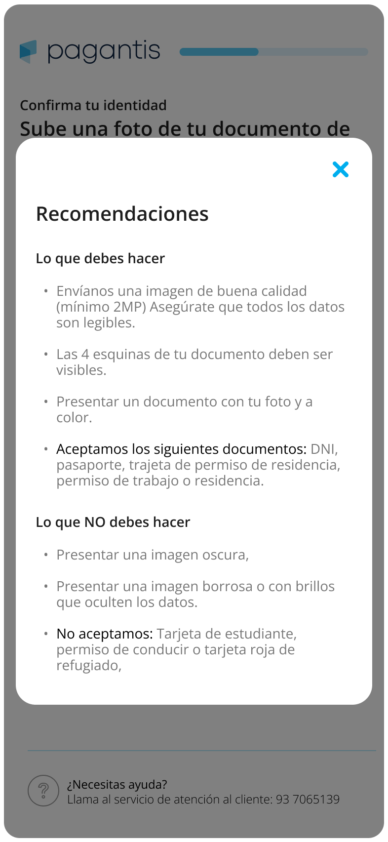 UI with a modal displaying recommendations on how to take clear and accurate pictures of identity documents, including tips for lighting, alignment, and focus to ensure proper submission.