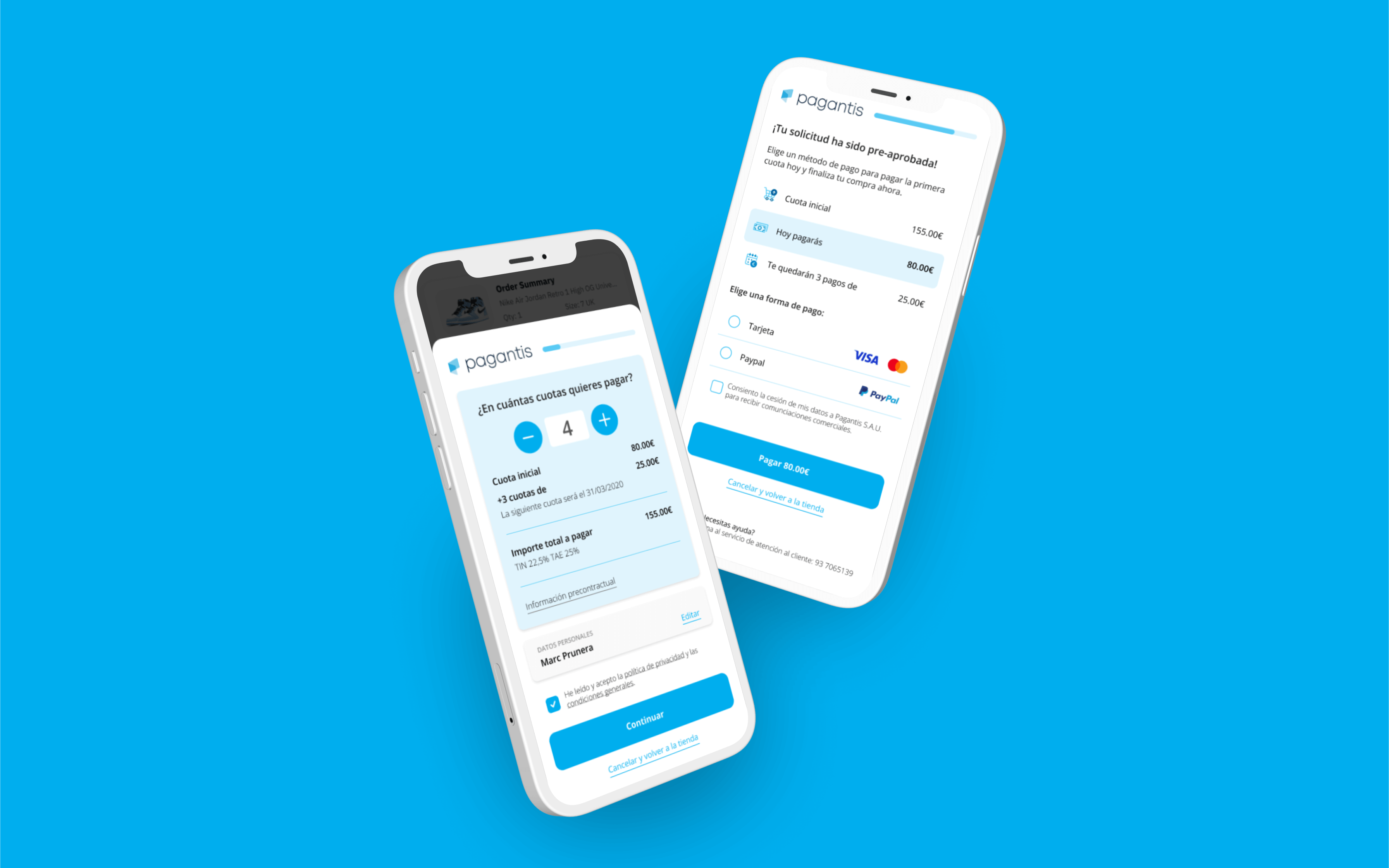 Two iPhones displaying the Pagantis interface, showing different screens of the app.